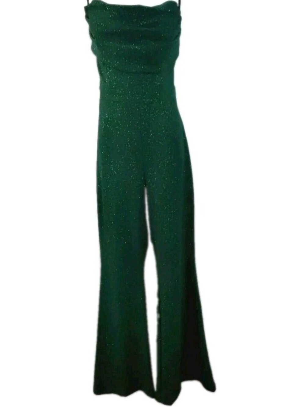 Symphony Glitter Jumpsuit  Women Long Emerald Green Pleated Strapless Sz Large